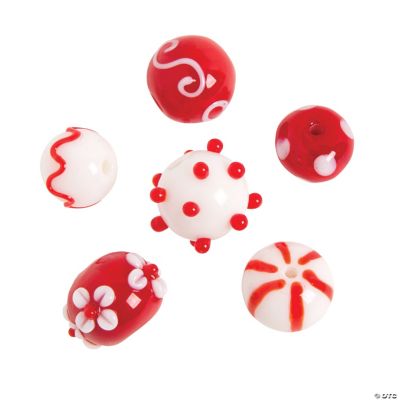Red & White Lampwork Round Beads - 10mm x 15mm