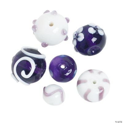 Purple & White Lampwork Round Beads - 8mm - 15mm