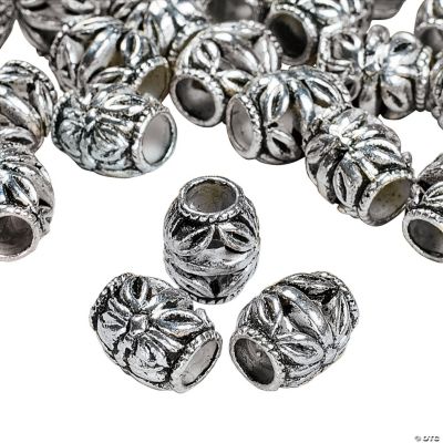 Silvertone Metal Floral Barrel Beads - 8mm x 10mm