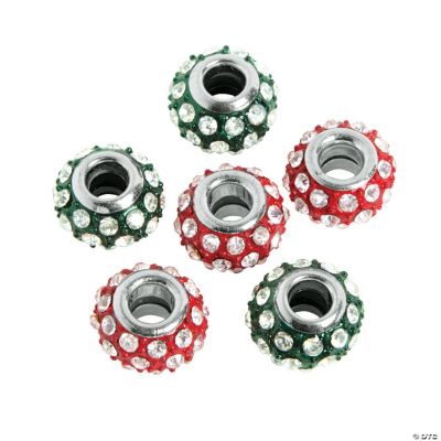 Red & Green Rhinestone Large Hole Beads - 13mm