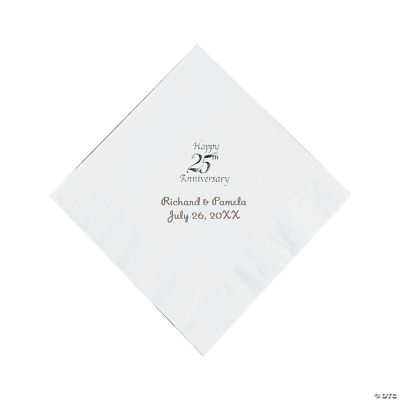 Personalized Silver And White 25th Anniversary Luncheon Napkins