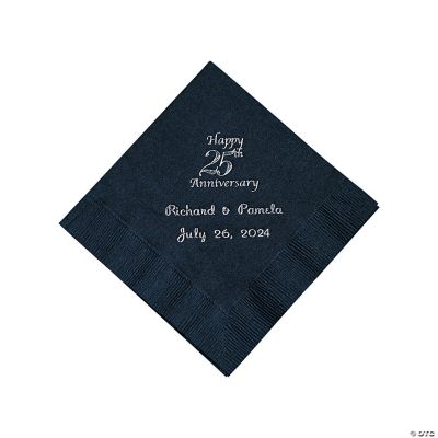 Personalized Silver And Black 25th Anniversary Beverage Napkins