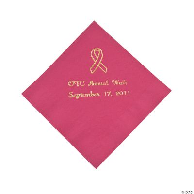 Hot Pink Ribbon Beverage Napkins - Gold Print