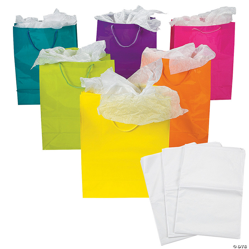 10 1/2" x 13" Large Neon Gift Bags with Tissue Paper Kit for 12 Image