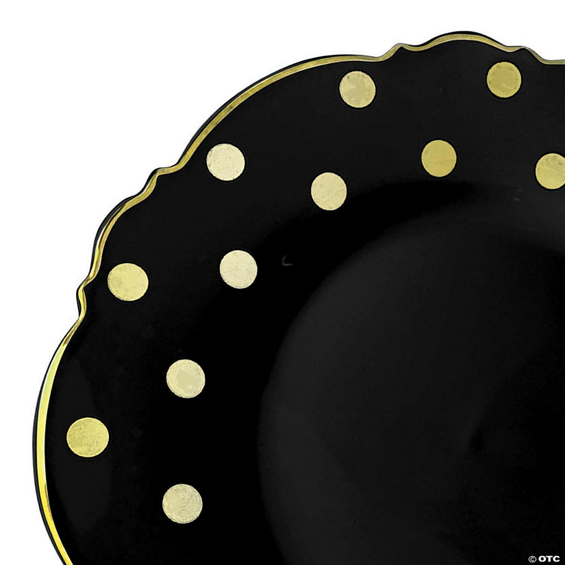 10.25" Black with Gold Dots Round Blossom Disposable Plastic Dinner Plates (50 Plates) Image