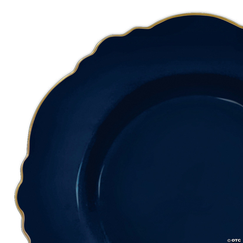 10.25" Navy with Gold Rim Round Blossom Disposable Plastic Dinner Plates (120 Plates) Image