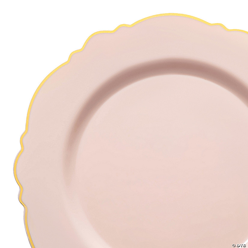 10.25" Pink with Gold Rim Round Blossom Disposable Plastic Dinner Plates (50 Plates) Image