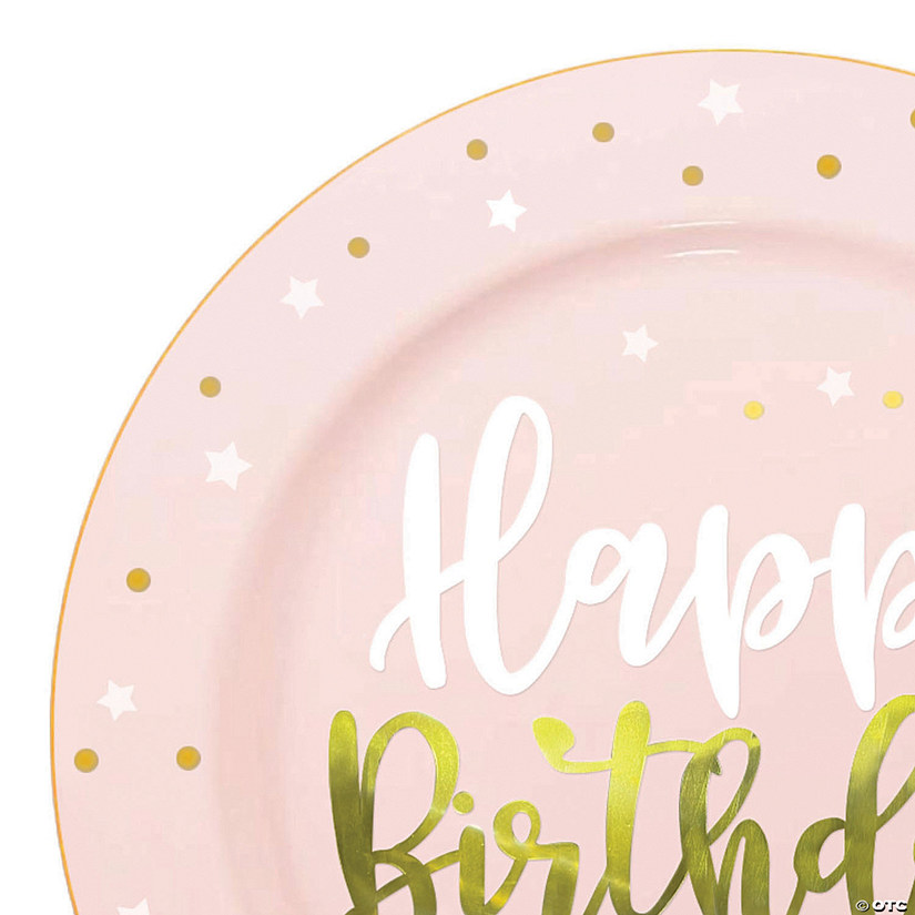 10.25" Pink with White and Gold Birthday Round Disposable Plastic Dinner Plates (120 Plates) Image