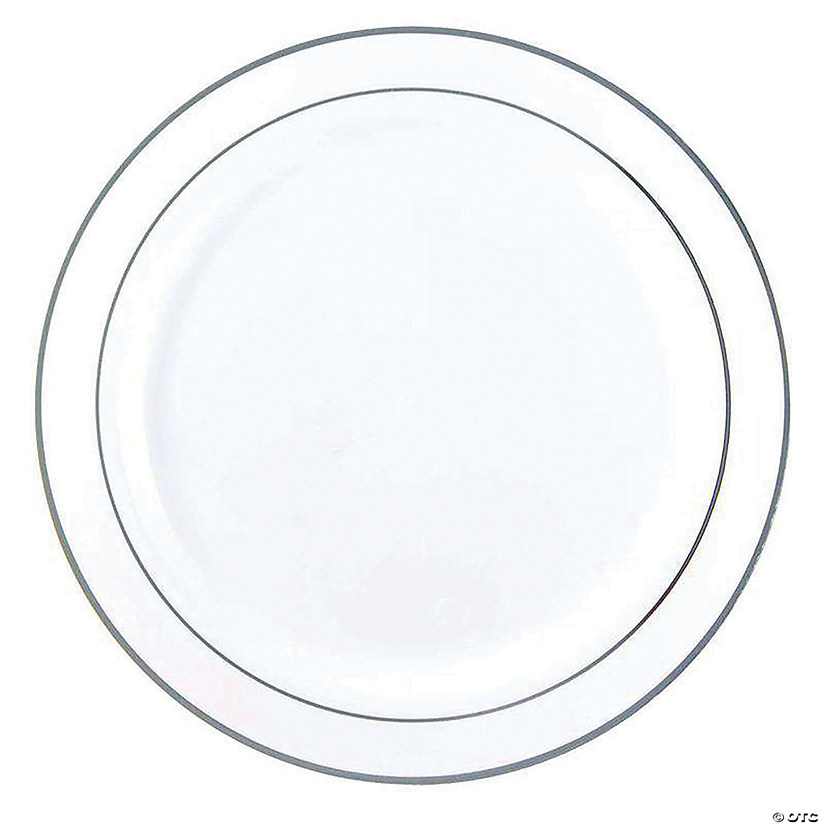 10.25" White with Silver Edge Rim Plastic Dinner Plates (120 Plates) Image