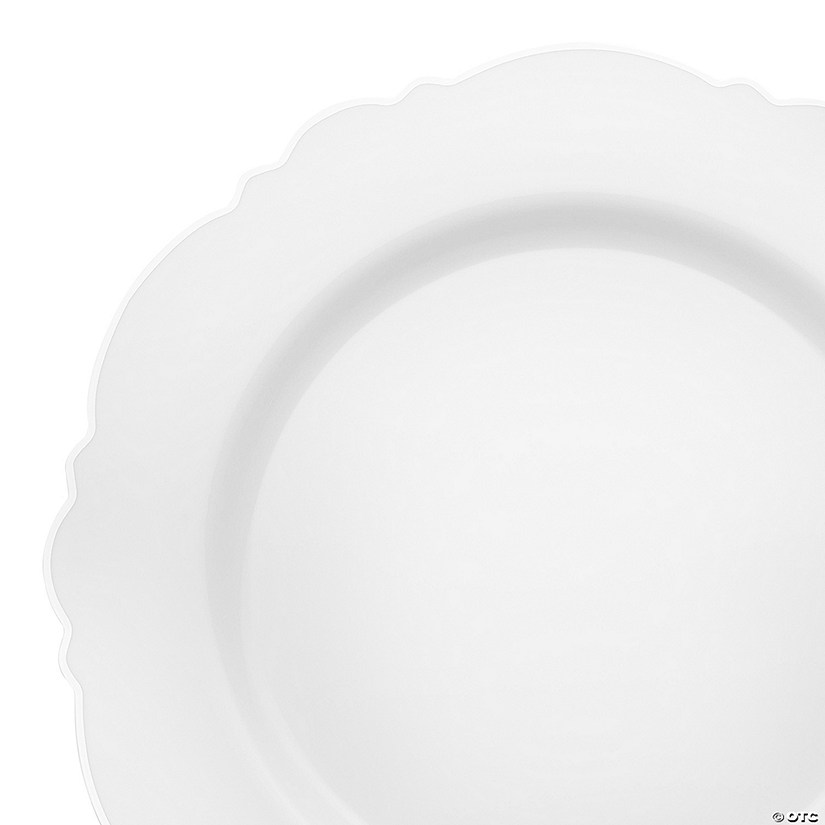 10.25" White with Silver Rim Round Blossom Disposable Plastic Dinner Plates (50 Plates) Image