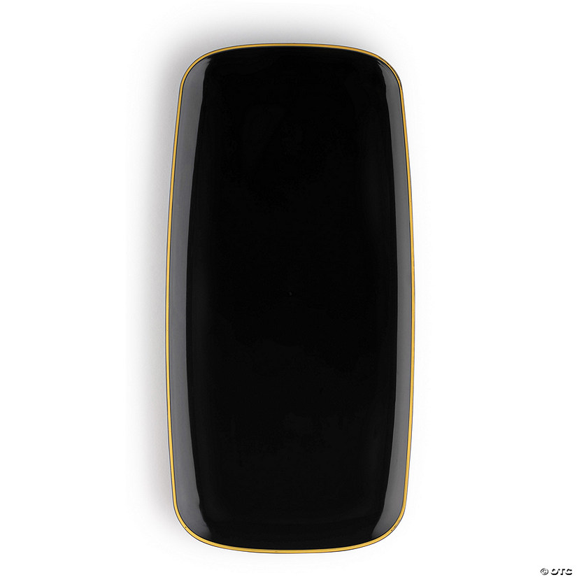 10.6" x 5" Black with Gold Rim Flat Raised Edge Rectangular Disposable Plastic Plates (50 Plates) Image