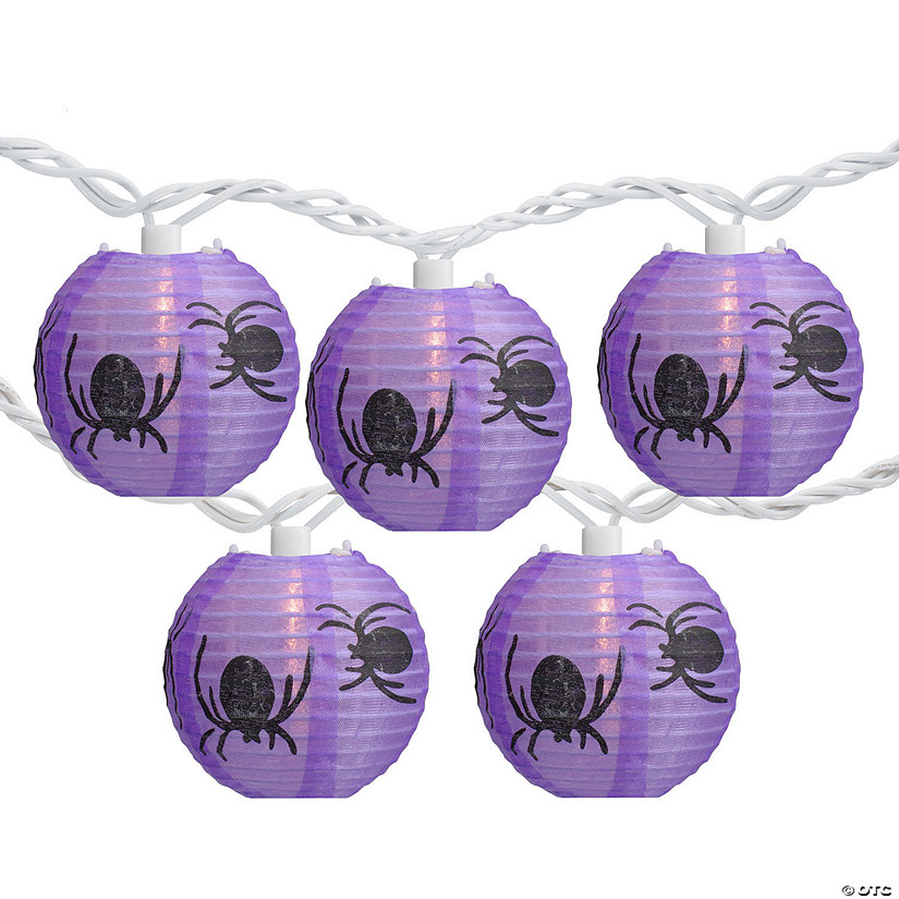 10-Count Purple and Black Spider Paper Lantern Halloween Lights  8.5ft White Wire Image