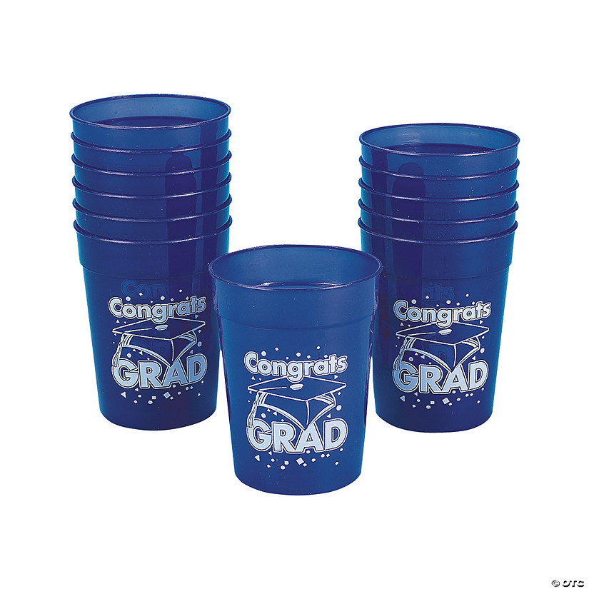 10 oz. Blue Congrats Grad Cap Reusable BPA-Free Plastic Cups - 12 Ct. Image