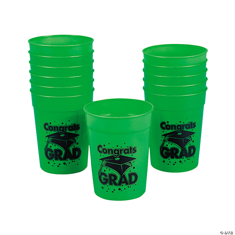 10 oz. Green Congrats Grad Cap Reusable BPA-Free Plastic Cups - 12 Ct. Image