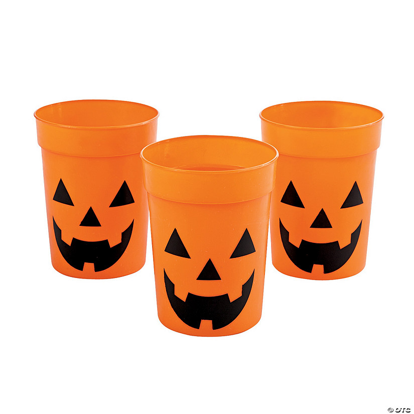 10 oz. Happy Jack-O&#8217;-Lantern Orange Reusable BPA-Free Plastic Cups - 12 Ct. Image