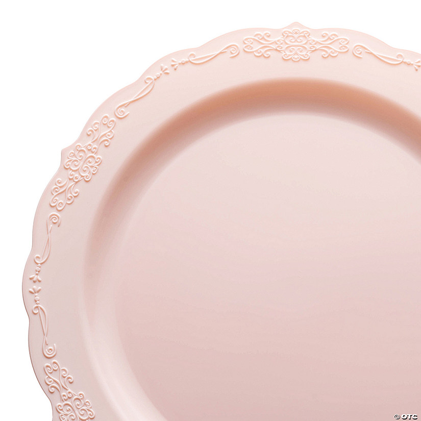 10" Pink Vintage Round Disposable Plastic Dinner Plates (50 Plates) Image