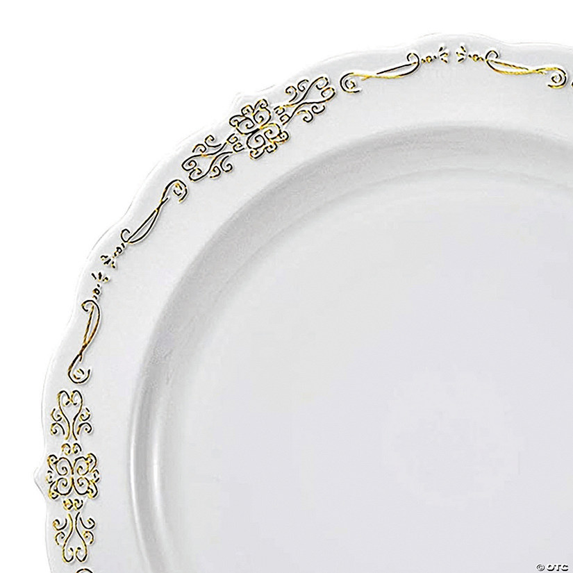 10" White with Gold Vintage Rim Round Disposable Plastic Dinner Plates (50 Plates) Image