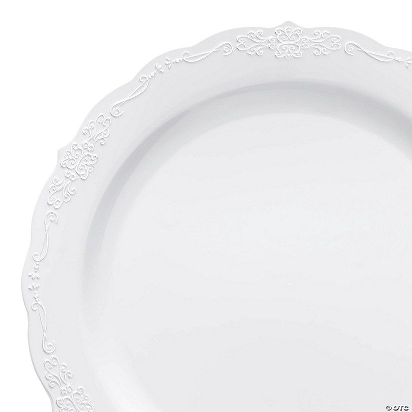 10" White with Silver Vintage Rim Round Disposable Plastic Dinner Plates (50 Plates) Image