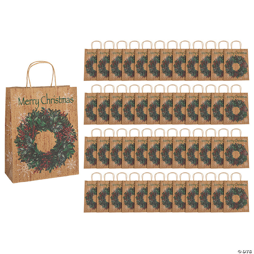 10" x 12 3/4" Bulk 144 Pc. Large Holiday Wreath Kraft Paper Gift Bags Image