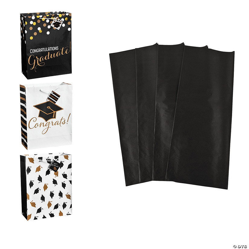 10" x 13" Large Black & Gold Graduation Paper Gift Bags with Tag & Tissue Paper Kit for 12 Image