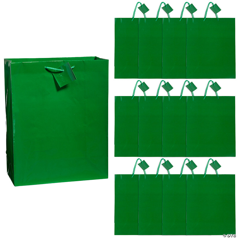 10" x 13" Large Green Paper Gift Bags with Tag - 12 Pc. Image