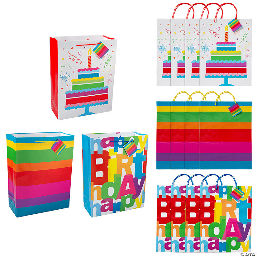 10" x 13" Large Happy Birthday Party Paper Gift Bags with Tags - 12Pc. Image