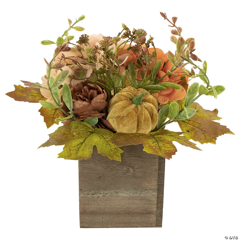 10" x 8" Orange Floral and Pumpkin Wooden Box Fall Harvest Tabletop Decoration Image