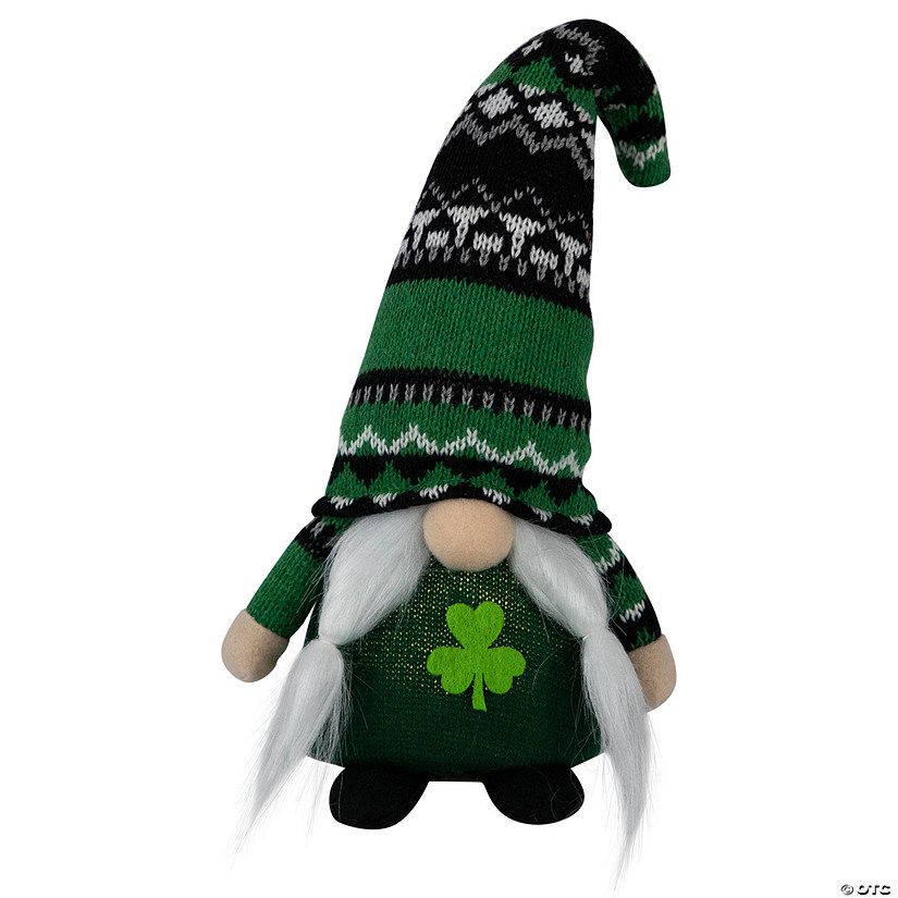 11.5" LED Lighted St. Patrick's Day Girl Gnome with Knitted Irish Fair Isle Hat Image