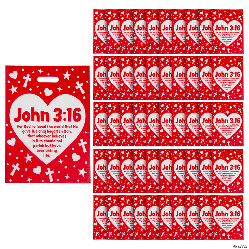 12 1/2" x 17" Bulk 50 Pc. Large Valentine&#8217;s Day John 3:16 Plastic Goody Bags Image