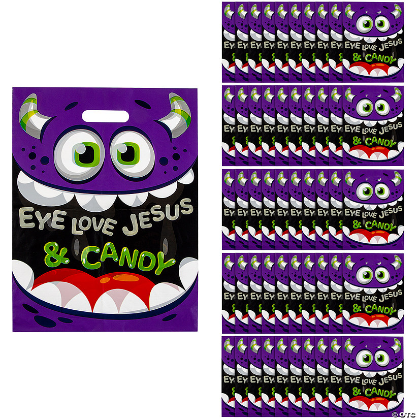 12 1/2" x 17" Bulk 50 Pc. Religious Monster Eye Love Jesus & Candy Plastic Goody Bags Image