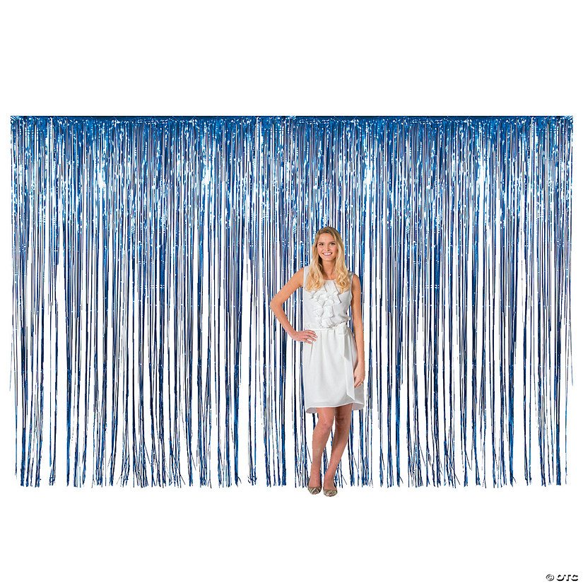 12 Ft. x 8 Ft. Large Blue Metallic Fringe Foil Backdrop Curtain Image