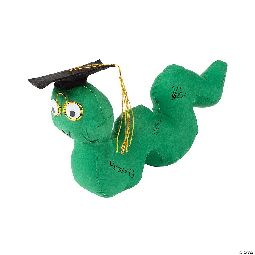 12" Graduation Autograph Green Stuffed Bookworm with Cap Image