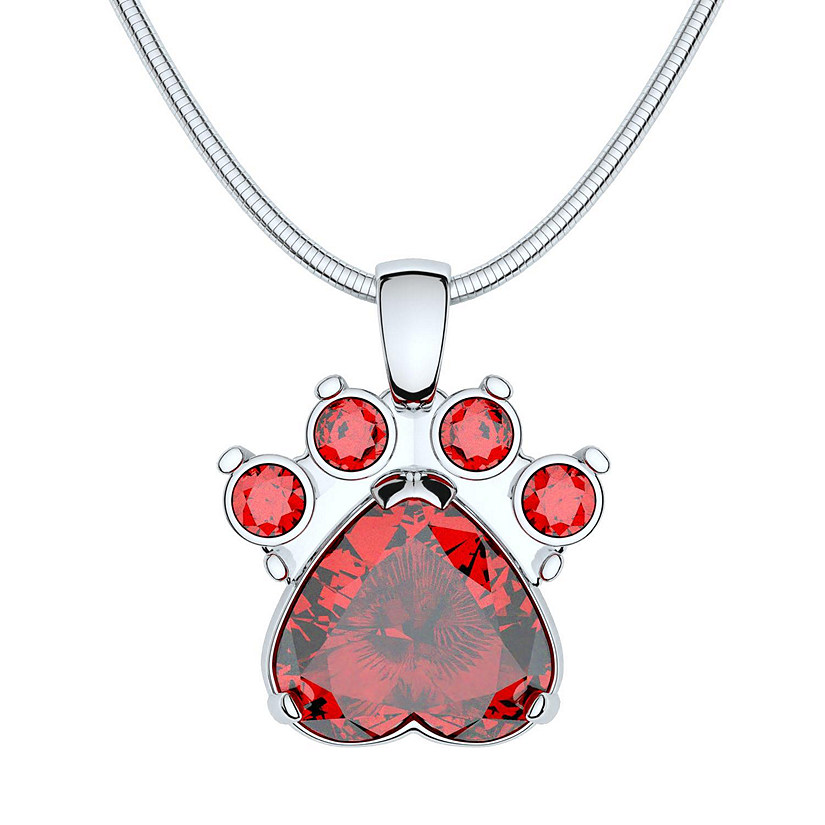 12 Months Birthstone Rhinestone Paw Print Pendant with Stainless Steel Necklace - January/Garnet Image