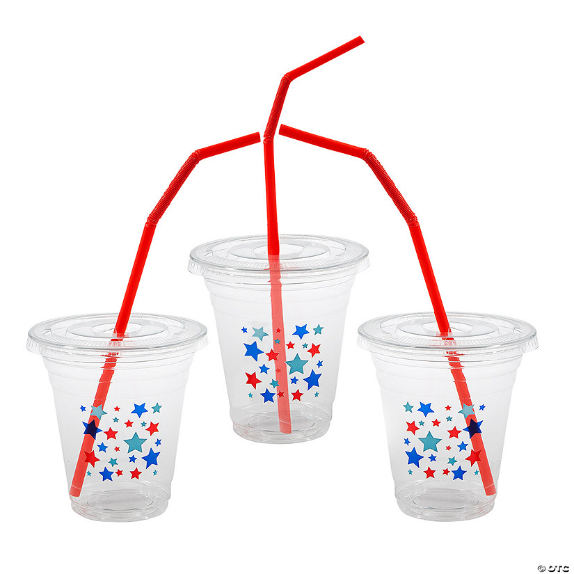 12 oz. Bulk 50 Ct. Clear Patriotic Disposable Plastic Cups with Lids & Straws Image