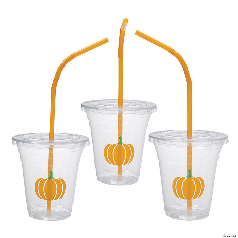 12 oz. Bulk 50 Ct. Clear Pumpkin Disposable Plastic Cups with Lids & Straws Image