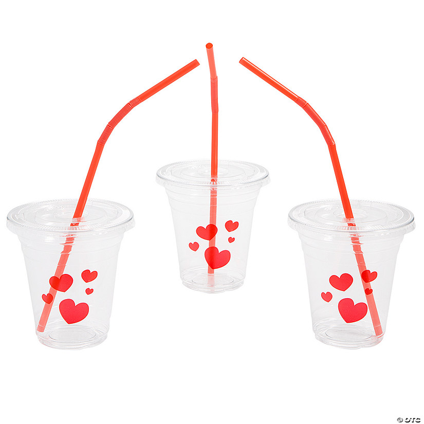 12 oz. Bulk 50 Ct. Clear Valentine&#8217;s Day Hearts Disposable Plastic Cups with Lids & Straws Image