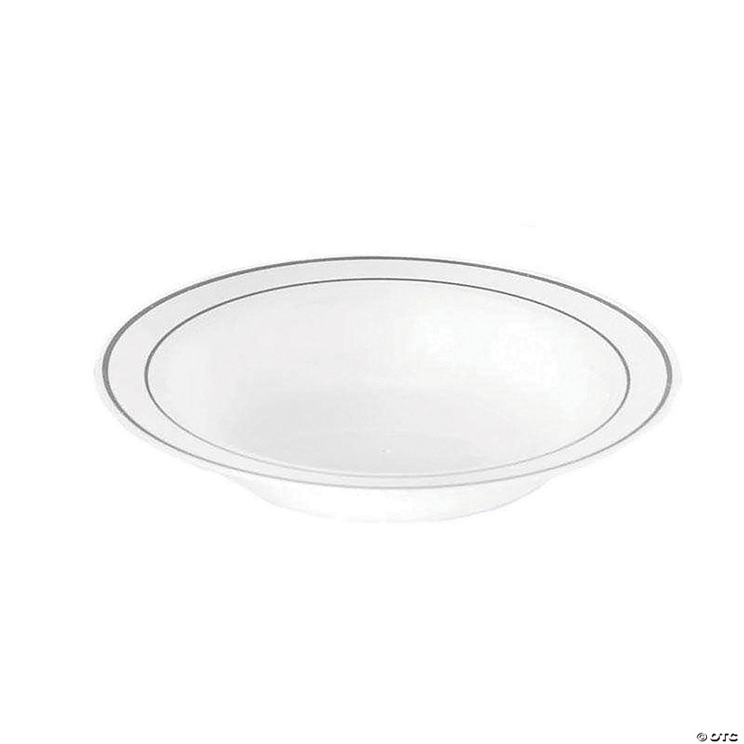 12 oz. White with Silver Edge Rim Plastic Soup Bowls (70 Bowls) Image