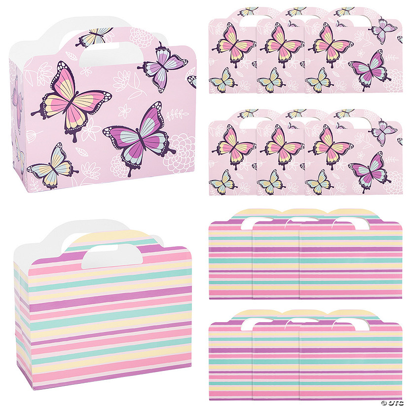 12" x 10 1/2" Large Butterfly & Pastel Stripe Cardstock Gift Bags with Cutout Handles - 12 Pc. Image