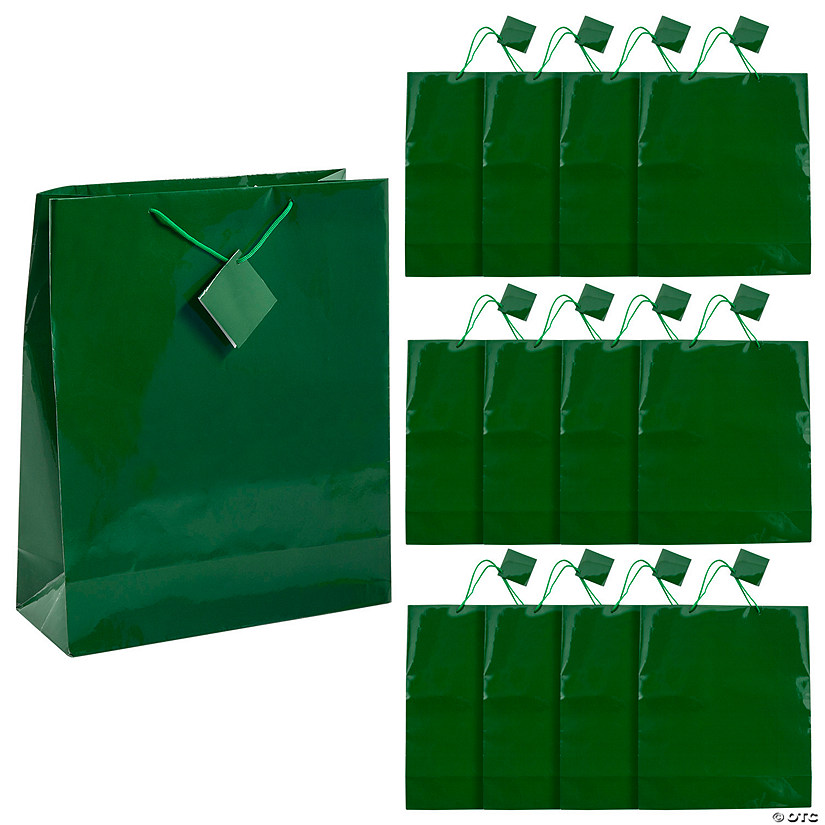 12" x 14 1/2" Extra Large Green Paper Gift Bags with Tags - 12 Pc. Image