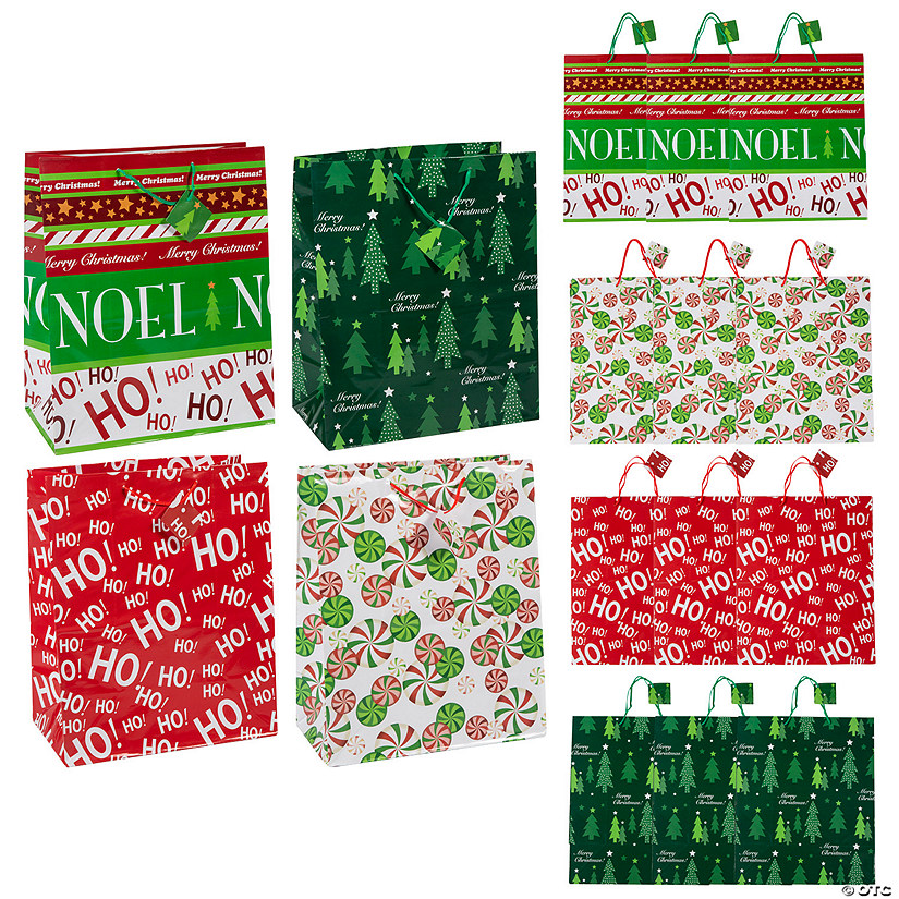 12" x 14 1/2" Large Christmas Paper Gift Bags with Tags Assortment - 12 Pc. Image
