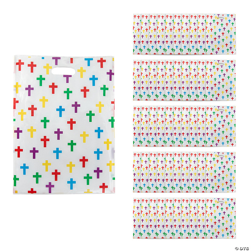 12" x 17" Bulk 50 Pc. Colorful Cross Plastic Goody Bags with Handle - 50 Pc. Image