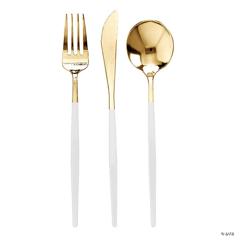 120 Pc. Gold with White Handle Moderno Disposable Plastic Cutlery Set - Spoons, Forks and Knives (40 Guests) Image