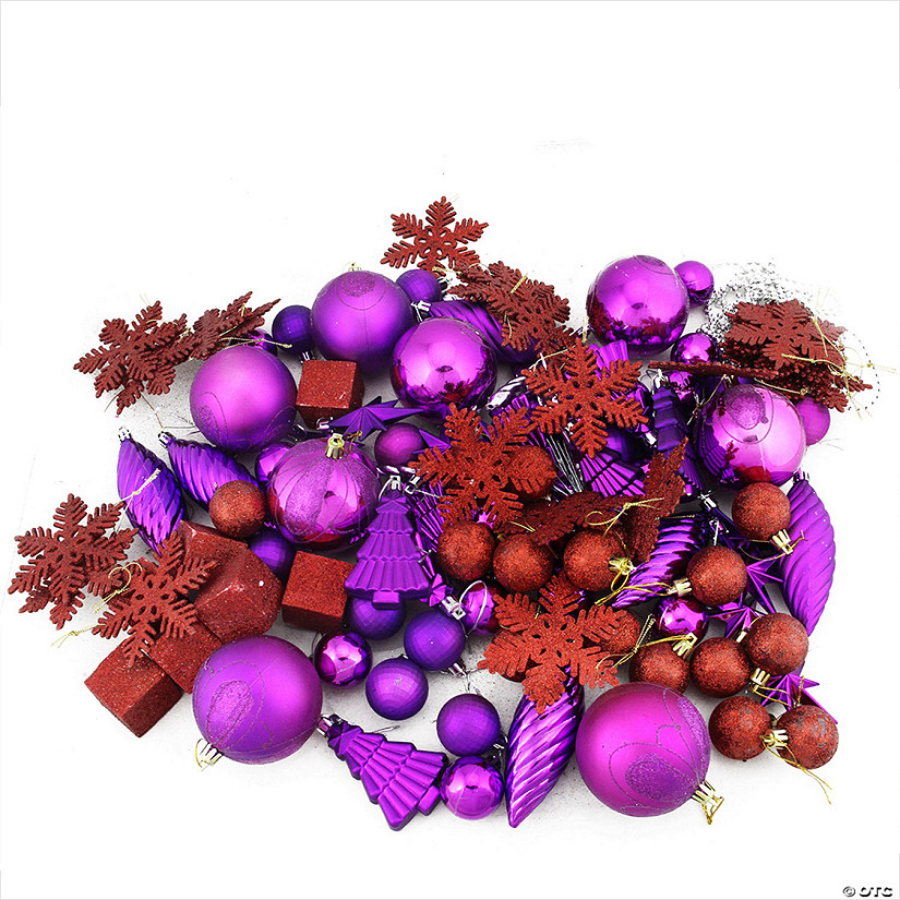 125ct Purple and Red Shatterproof 3-Finish Christmas Ornaments 5.5" (139.7mm) Image