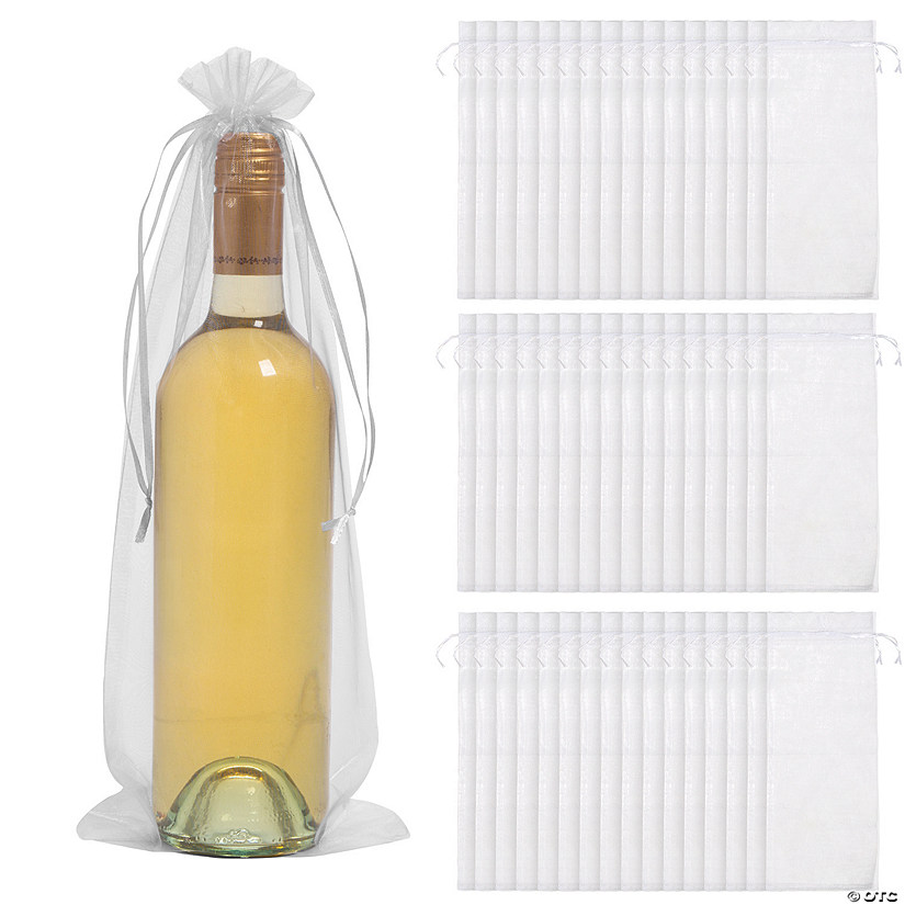13" Bulk 48 Pc. Large White Organza Wine Drawstring Bags Image