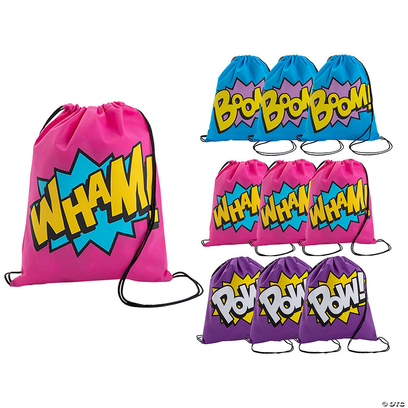 13" x 15" Medium Neon Superhero Nonwoven Drawstring Bags - 12 Pc. Image