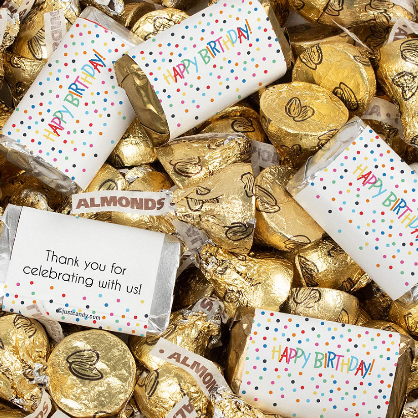 131 Pcs Birthday Candy Party Favors Hershey's Miniatures & Gold Kisses (1.65 lbs) - Dots Image