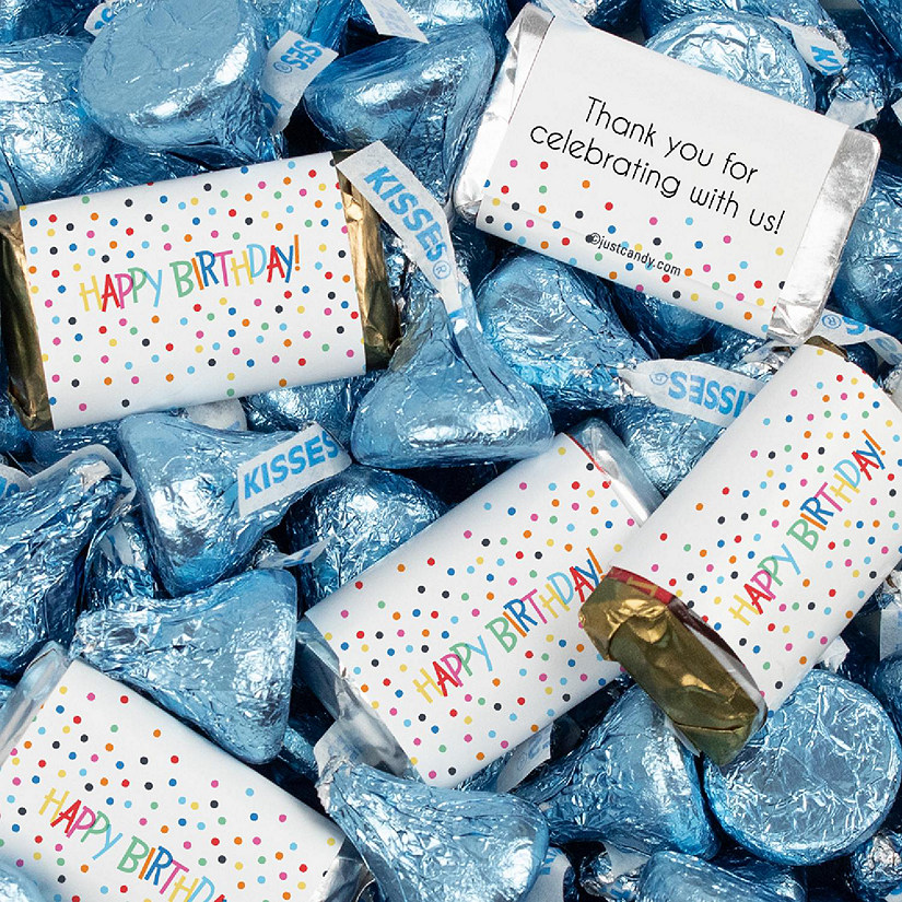 131 Pcs Birthday Candy Party Favors Hershey's Miniatures & Light Blue Kisses (1.65 lbs) - Dots Image