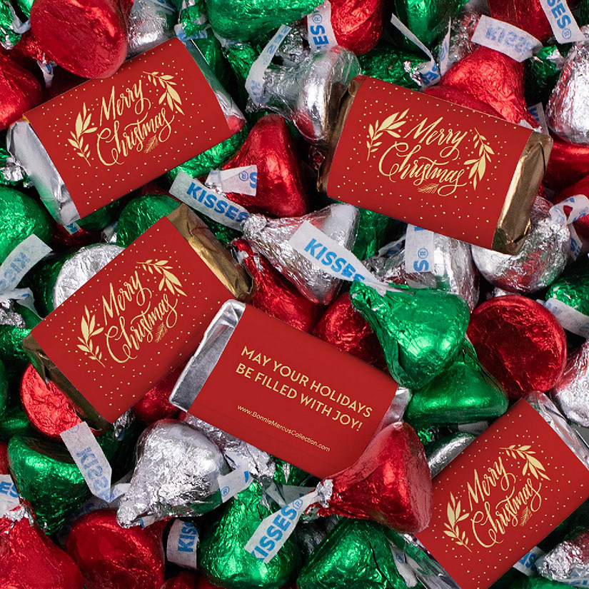 131 Pcs Christmas Candy Chocolate Party Favors Hershey's Miniatures & Red, Green & Silver Kisses (1.65 lbs, Approx. 131 Pcs) - Merry Christmas Image