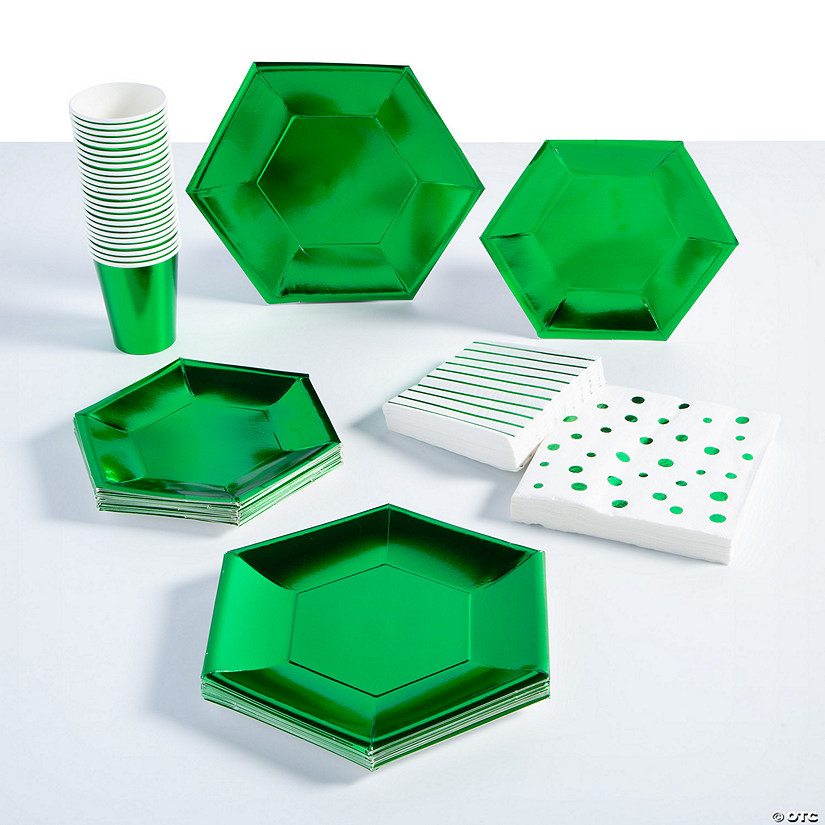136 Pc. Green Metallic Disposable Tableware Kit for 24 Guests Image