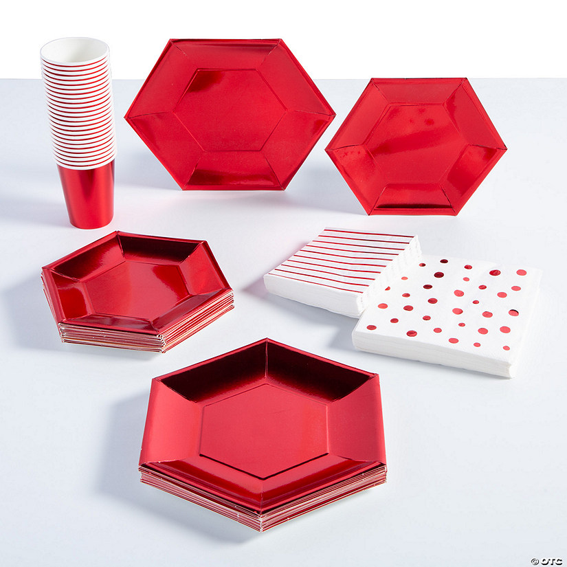 136 Pc. Red Metallic Disposable Tableware Kit for 24 Guests Image